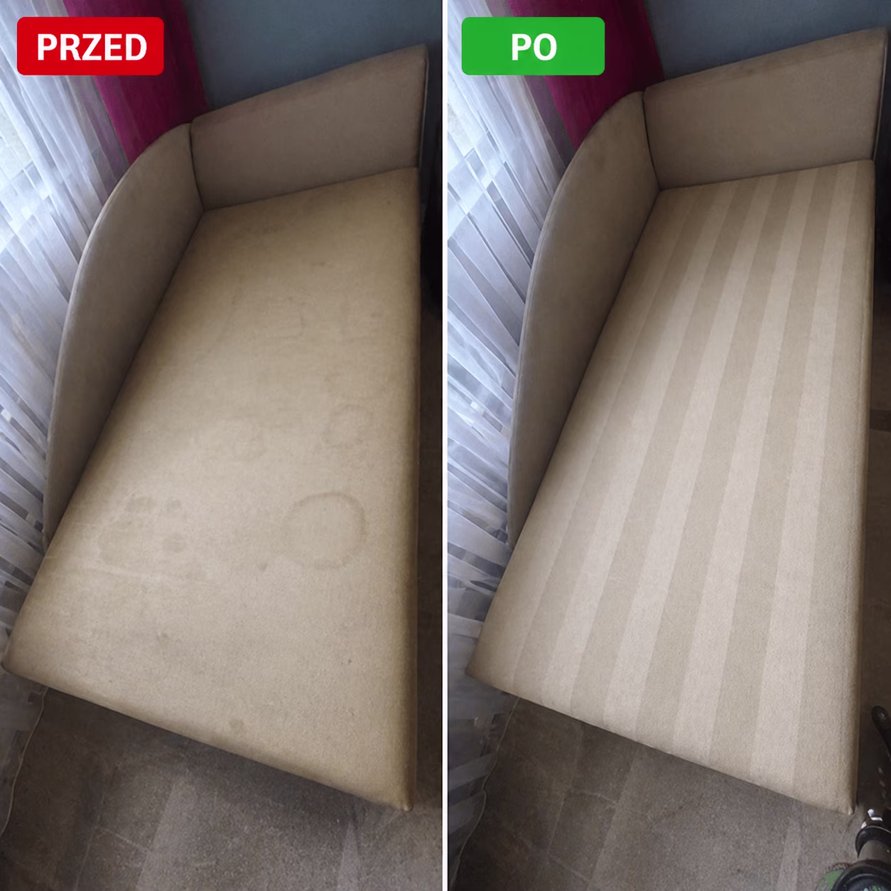 Usuwanie plam z tapicerki Wrocław - kanapa przed i po